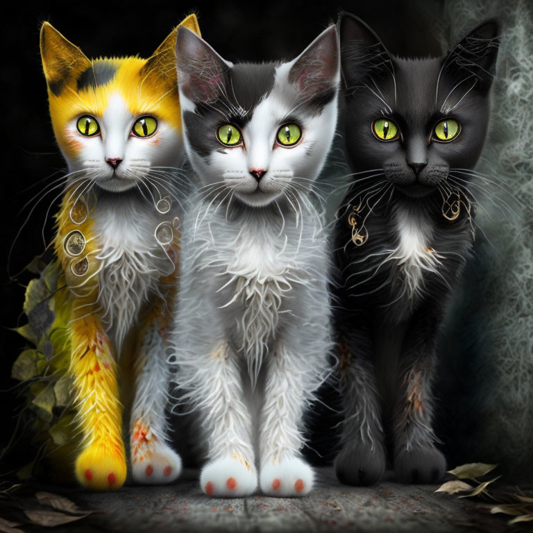 Vividly colored mystical cats with key pendants in shadowy foliage