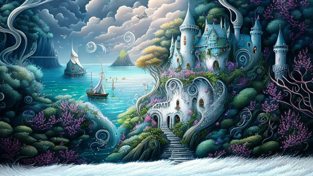 Fantasy castle art with vibrant flora, sea, sailboat, and swirling clouds