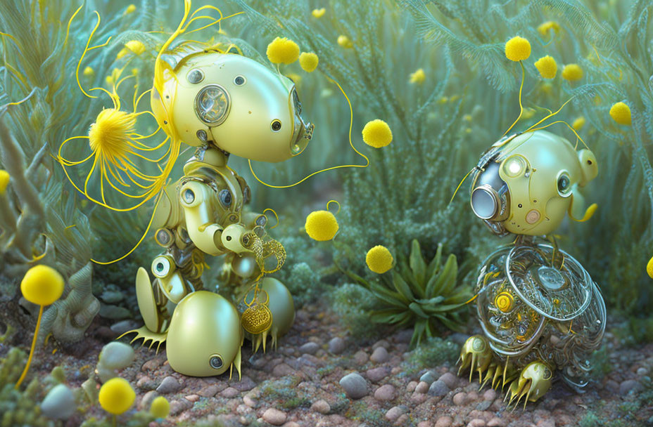 Whimsical robotic sea life creatures in intricate gold details underwater