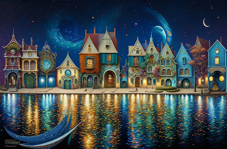 Colorful Stylized Night Street Scene with Reflecting Houses and Enchanting Sky