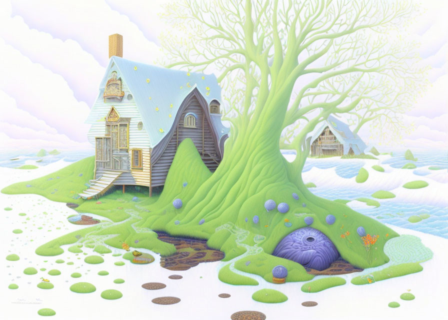 Surreal landscape with vibrant green hills and whimsical architecture.