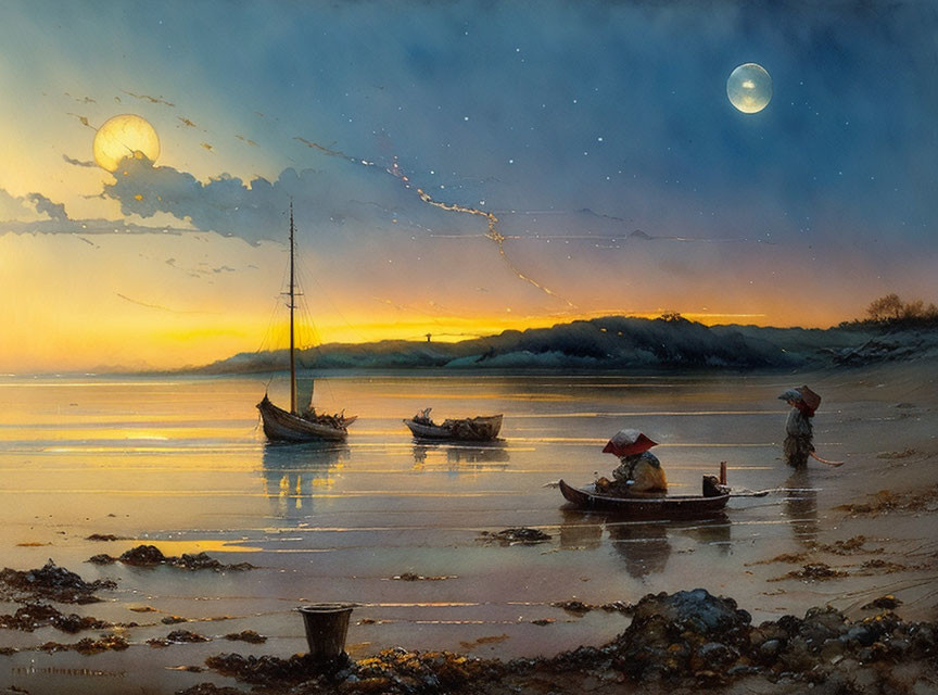 Tranquil sunset over calm beach with small boats and crescent moon