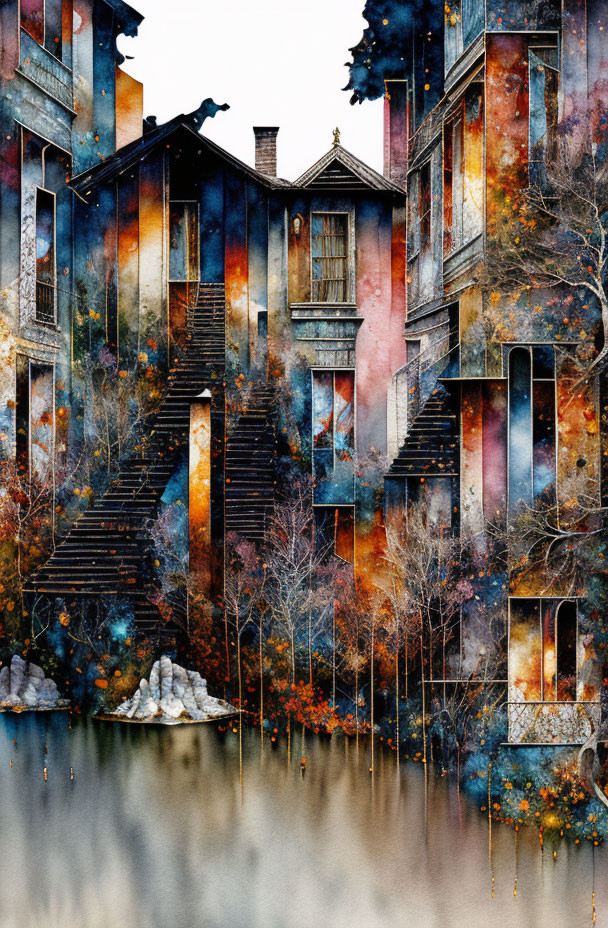 Surreal image: dilapidated building, staircases, autumnal forest, reflected waters