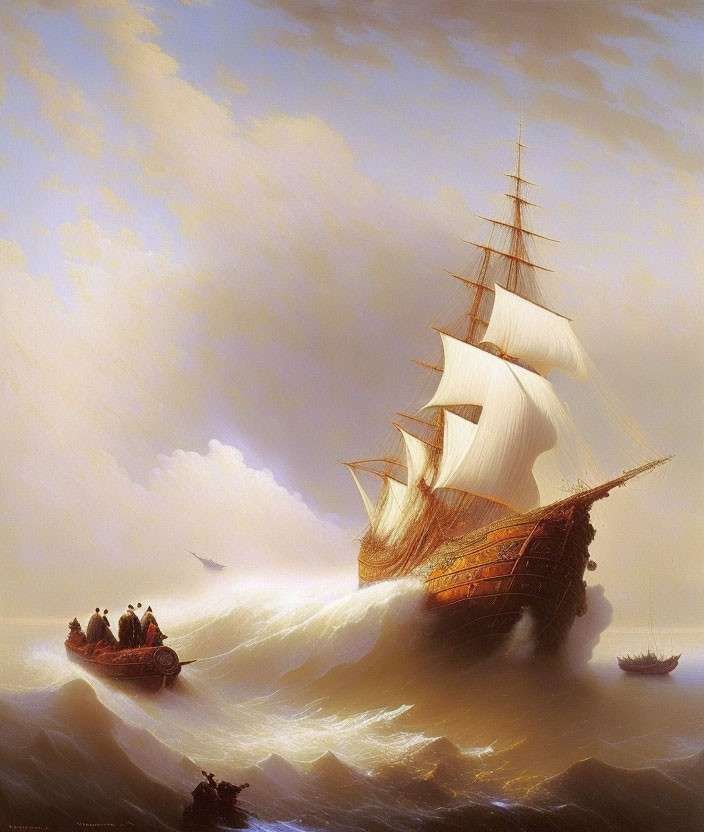 Sailing ship with billowing sails on turbulent seas