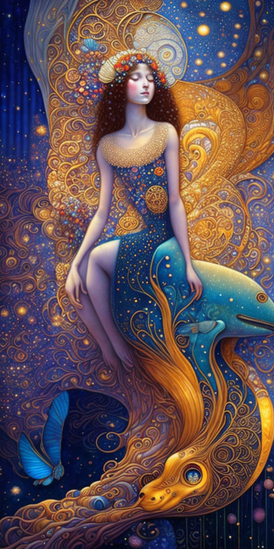 Surreal woman with flowing hair and dolphin in swirling patterns and stars