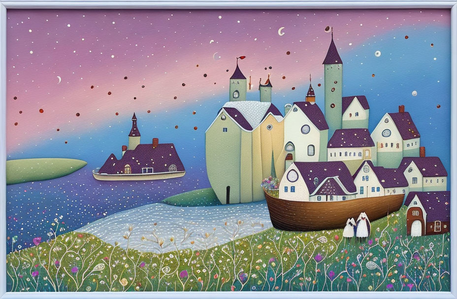 Whimsical painting of vibrant village under starry sky