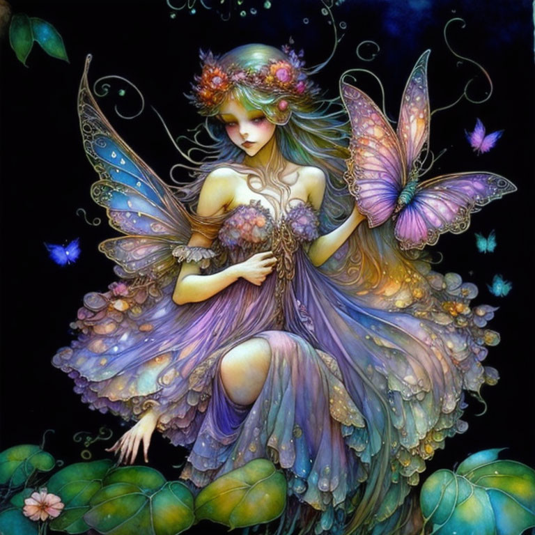 Ethereal fairy with delicate wings in mystical, floral scene