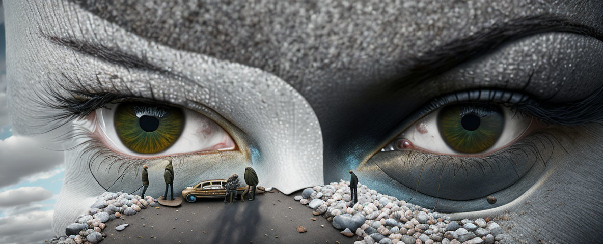 Surreal miniature car and figures with giant lifelike eyes on road