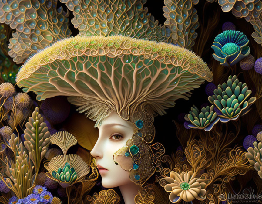 Surreal portrait of woman with mushroom-like structures and marine flora patterns