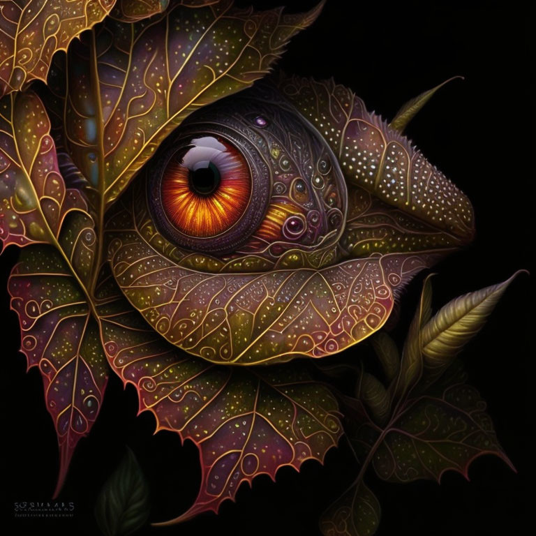 Detailed reptilian eye with ornate leaves in autumnal colors on dark background