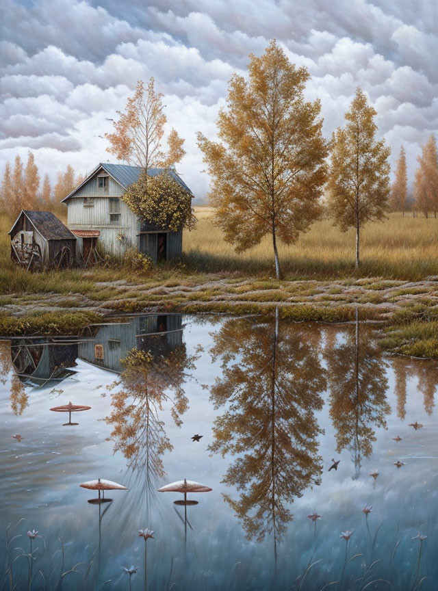 Rustic house and shed in autumnal setting by pond with golden leaves and reflection