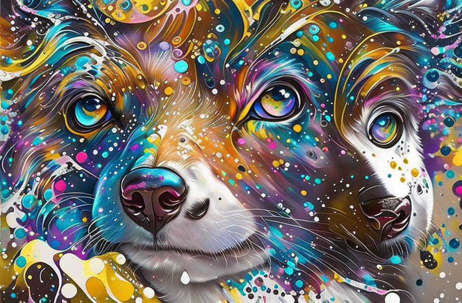 Vibrant dog artwork with expressive eyes and abstract patterns