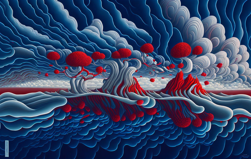 Vibrant surreal landscape with layered waves and red spherical structures