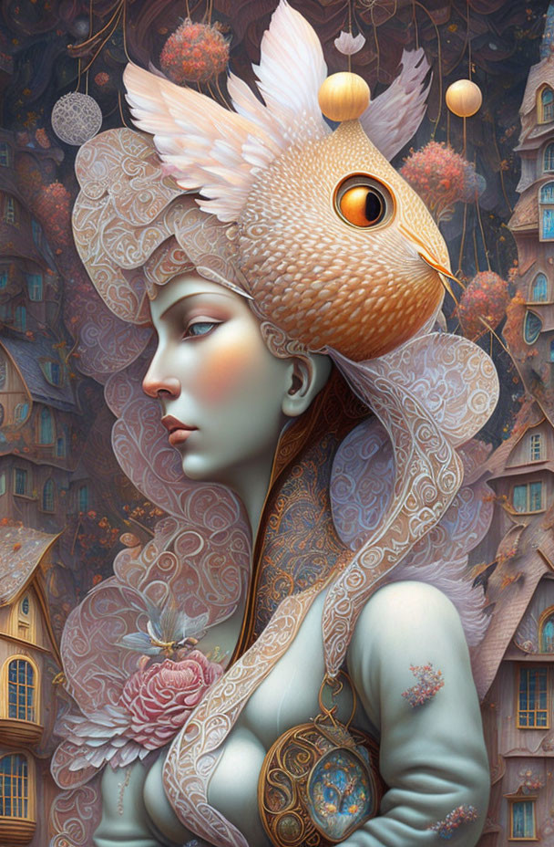 Surreal portrait of woman with fish elements and whimsical scenery