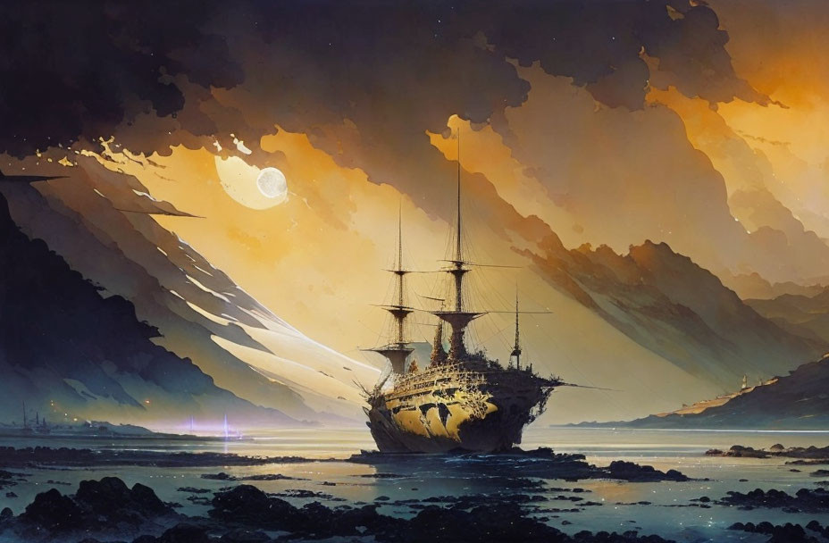 Majestic ship sailing near rocky shore at sunset