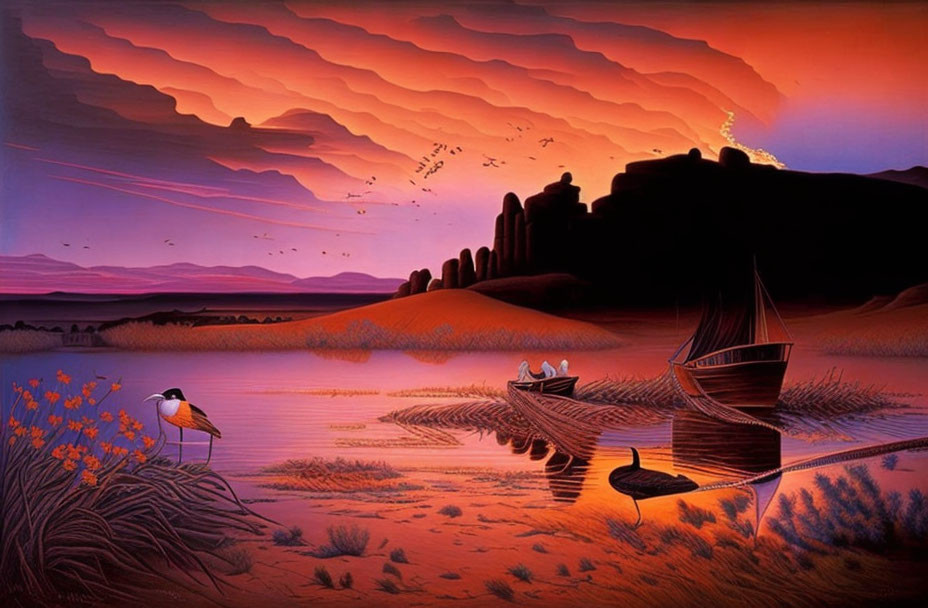 Colorful sunset painting with desert landscape, boat, birds, and oversized red flowers