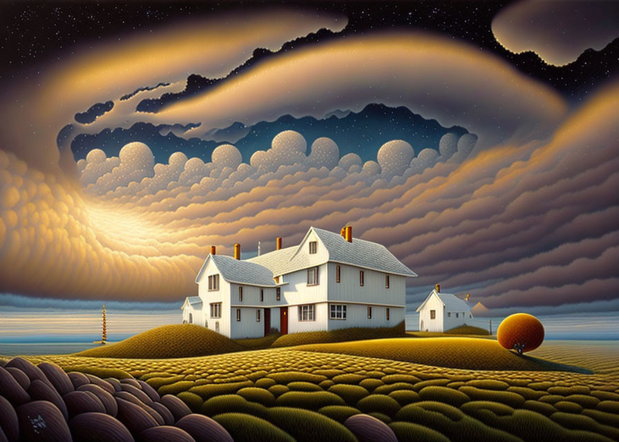 Surreal landscape with white house in golden fields under dramatic sky