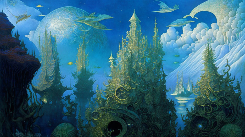 Ethereal underwater scene with fantastical architecture and marine life in vivid blue palette