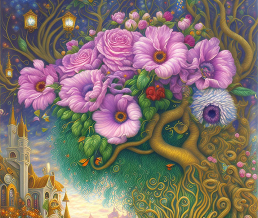 Colorful Fantasy Painting: Oversized Flowers, Castle, Lanterns