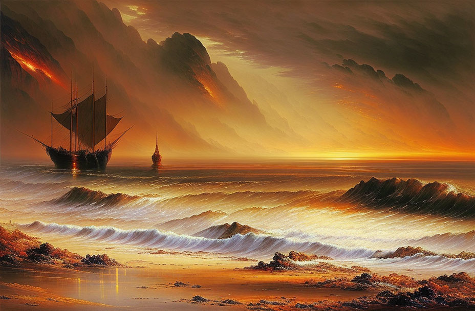 Golden Seascape with Sailing Ships and Dramatic Cliffs