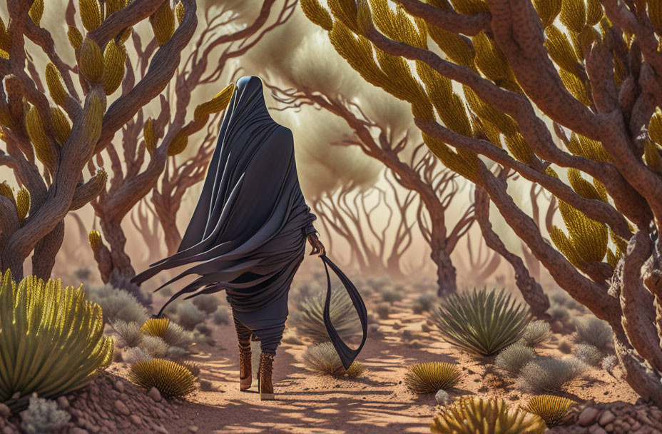 Cloaked figure in desert landscape with cacti and dust clouds