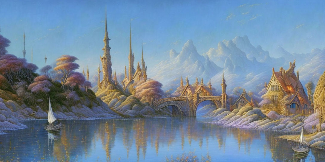 Tranquil fantasy landscape with sailboat, bridges, and towers