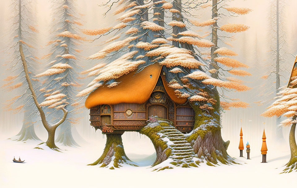 Thatched Roof Cottage in Snowy Forest