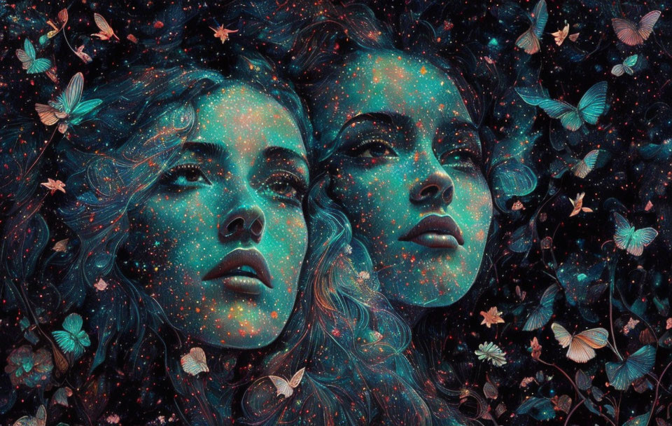 Surreal digital artwork: Women's faces merge in cosmic scene