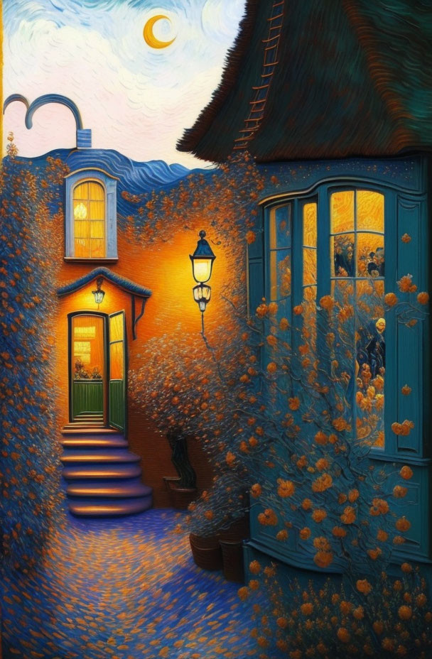 Whimsical painting of cozy house at night with glowing yellow door and crescent moon