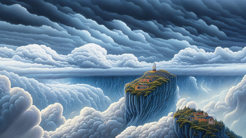 Surreal landscape with floating island and traditional buildings in stormy skies