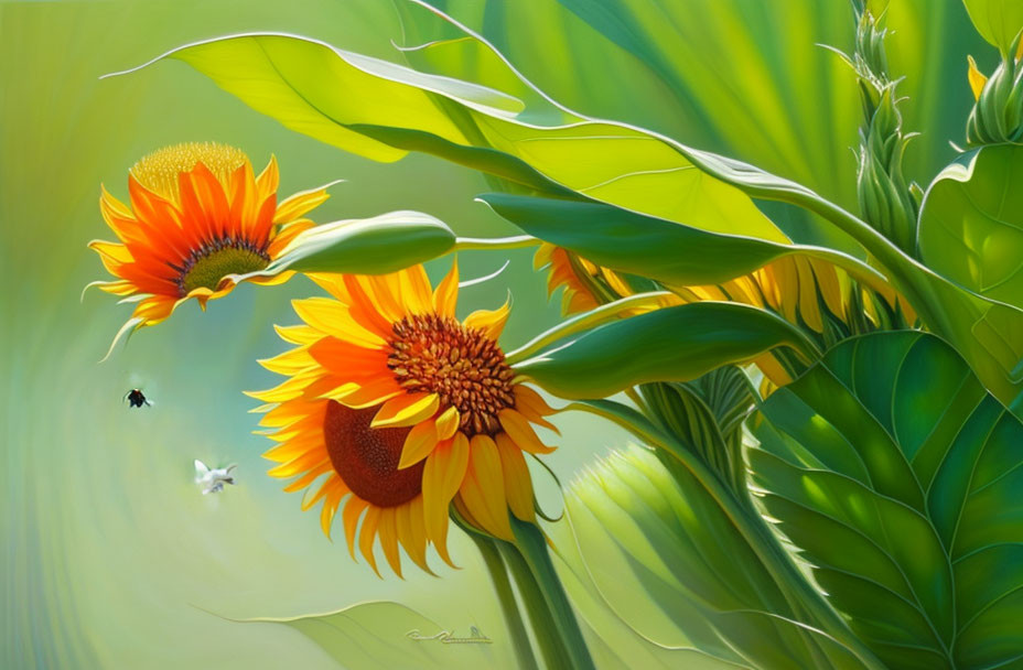 Colorful digital painting of sunflowers and bee on green background