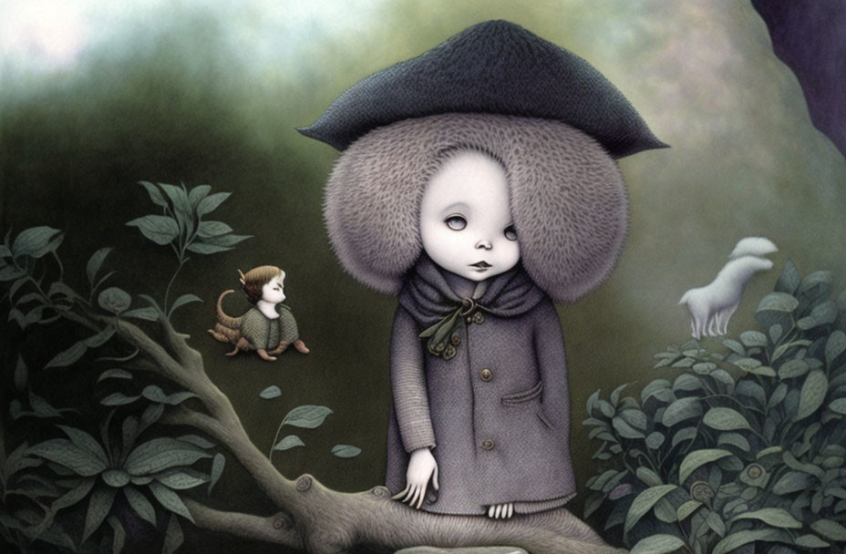 Whimsical illustration of character with mushroom head, monkey, and ghost.