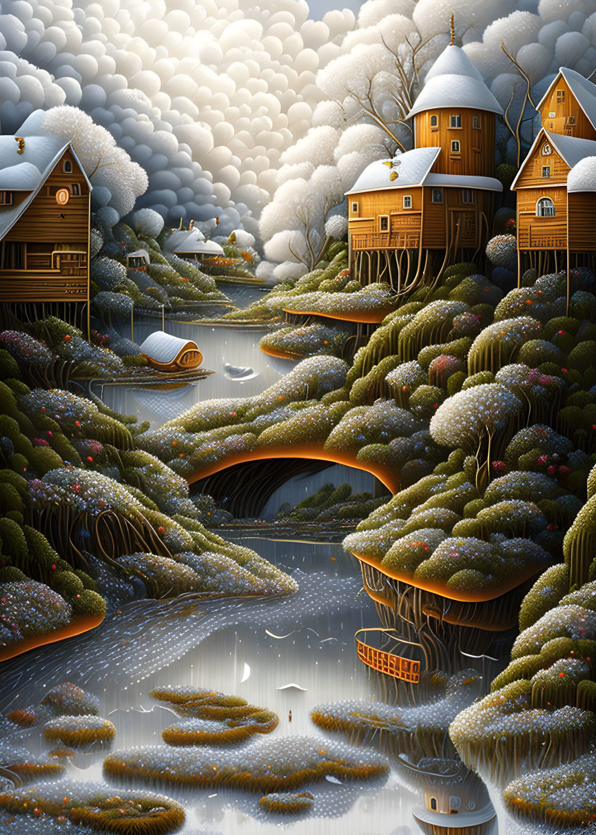 Tranquil digital artwork of village with wooden houses and river