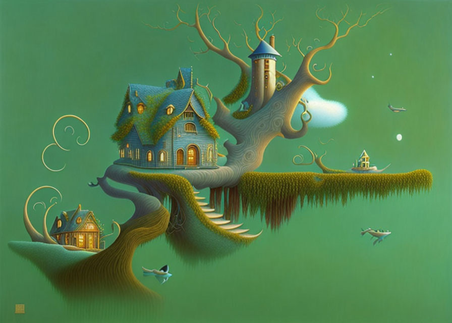 Intricate treehouse painting with floating islands in surreal landscape