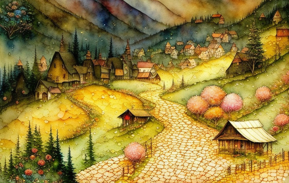 Colorful whimsical village with cobblestone paths and vibrant trees