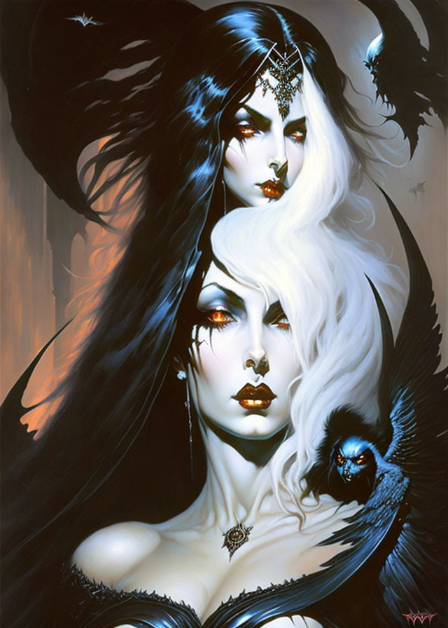 Gothic fantasy women with pale skin and crow motifs.