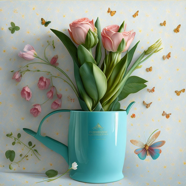 Turquoise watering can with pink tulips, butterflies, and petals on patterned background