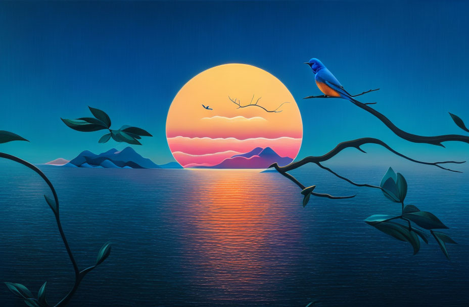 Colorful bird on branch overlooking ocean sunset with mountains