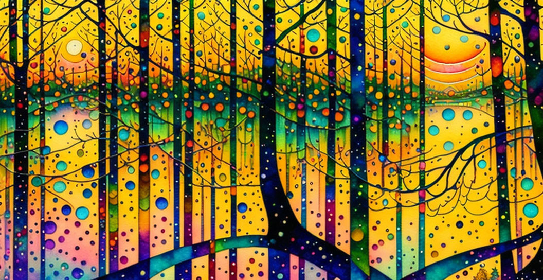 Colorful Abstract Painting with Tree-Like Structures and Rainbow Hues