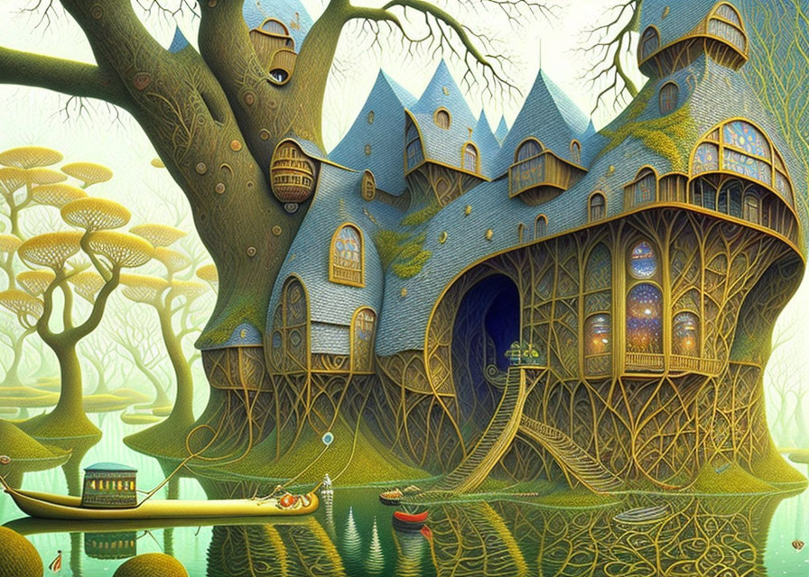 Enchanted forest scene with fantasy treehouse and blue roofs