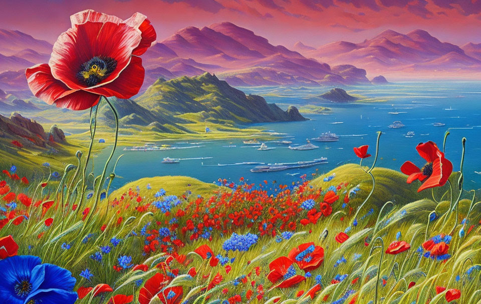 Colorful painting of red poppies, blue mountains, and serene sea with boats