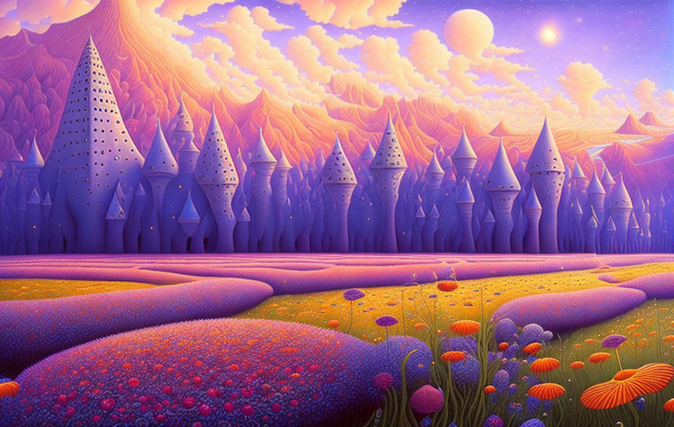 Vibrant purple and pink fantasy landscape with whimsical pointed structures under a twilight sky