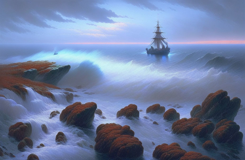 Sailing ship navigating high seas near rocky outcrops under dramatic sky