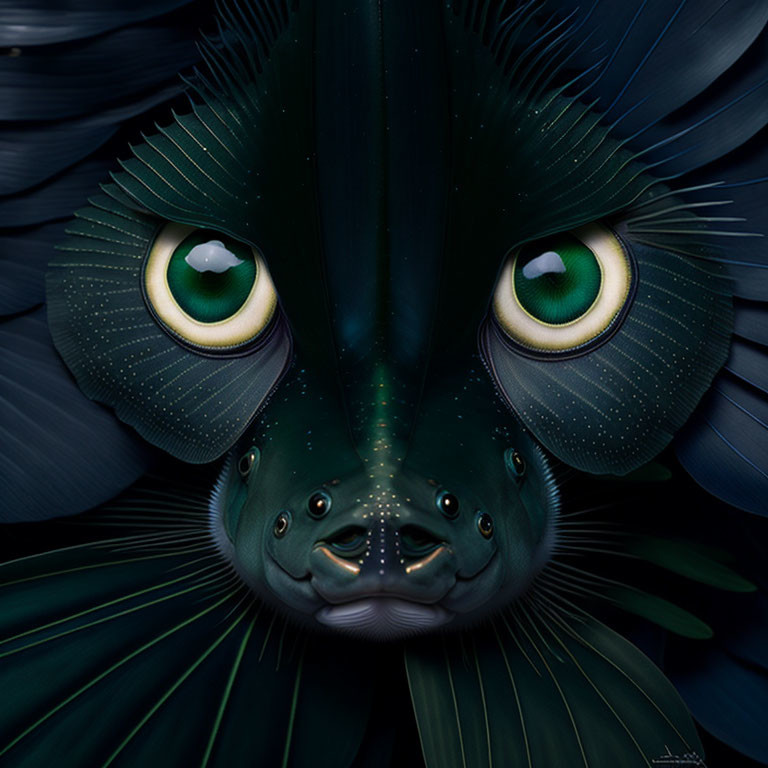 Close-Up Digital Artwork: Animal with Large Green Eyes & Dark Layered Feathers