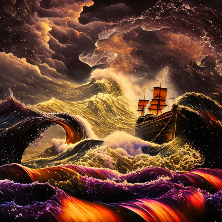 Sailing ship on turbulent golden waves under stormy sky