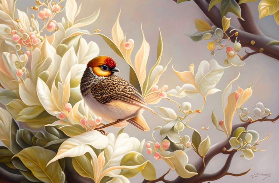 Detailed painting of small bird with red crown on branch among cream-colored flowers