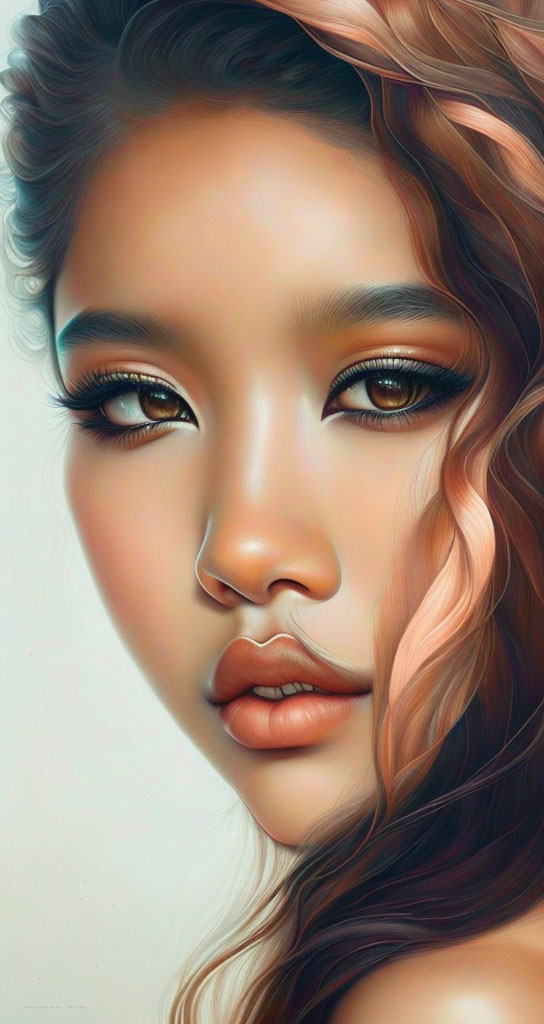 Detailed Digital Portrait of Woman with Brown Eyes and Wavy Hair