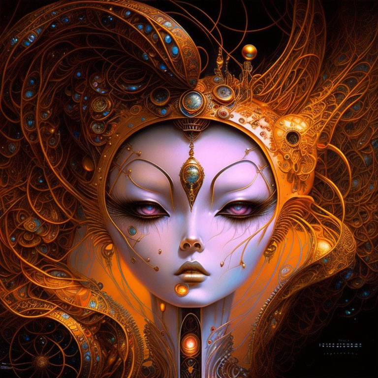 Digital Artwork: Female Figure with Golden Headdress & Ethereal Features