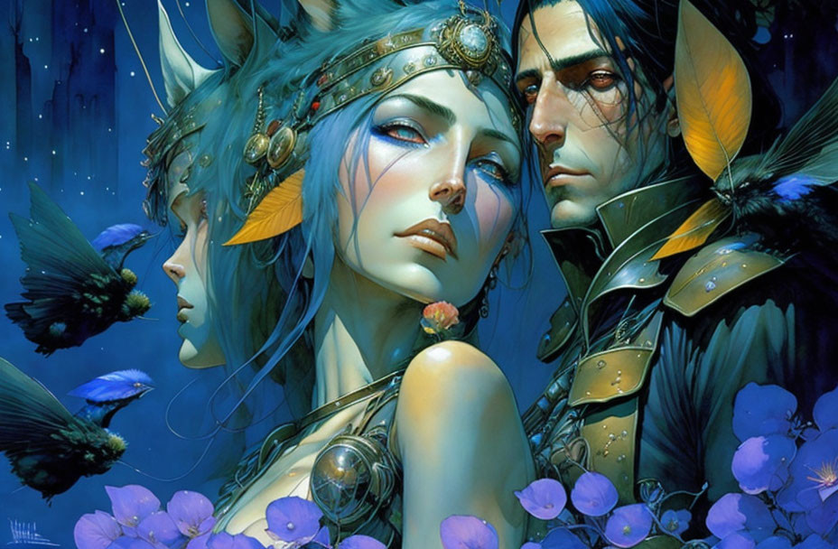 Fantastical illustration of ethereal woman and man with elaborate headpieces in mystical setting.