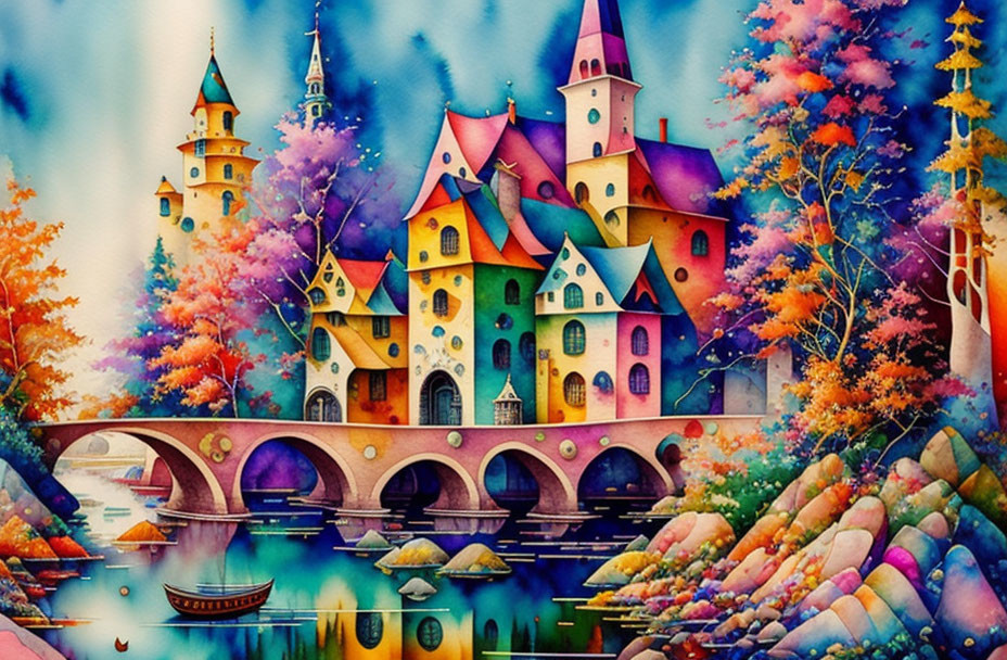 Colorful Fairytale Castle Painting with Autumn Landscape & River Boat